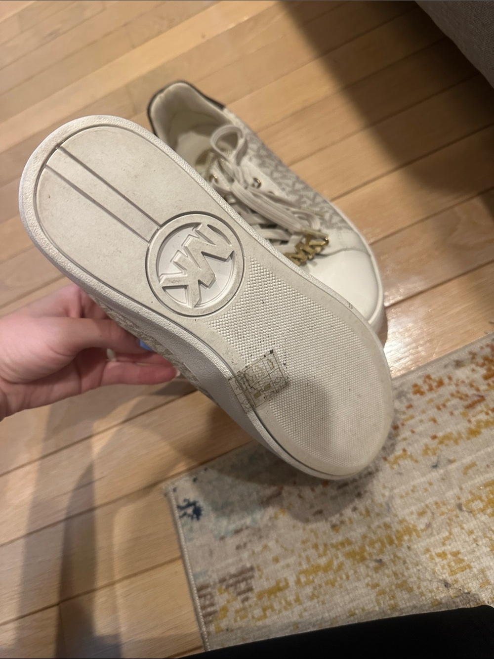 Michael Kors Cream and Gold MK Logo Low-Top Sneakers - Picture 6 of 12